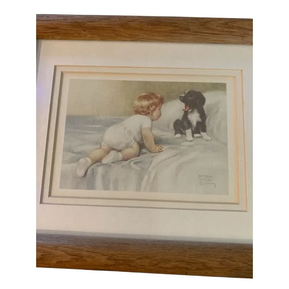 Vintage Framed Print “Who’s Sleepy” Young Child With Dog Bessie Pease Gutmann - Picture 2 of 6